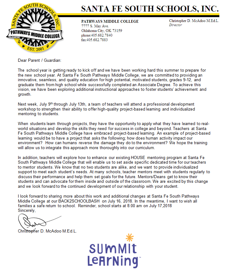 SUMMIT LETTER TO PARENTS